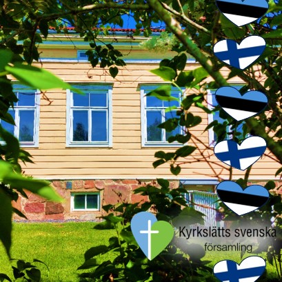 Bild på Prästgården genom syrenkvistar, hjärtan med både Finlands och Estlands flaggors färger.