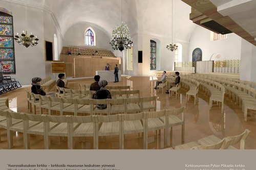 På skissen föreslås ett nytt cirkelformat golv av ekträ i kyrkans mittkors. Illustration: Arkitektbyrå Okul...